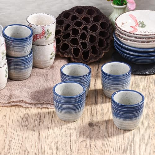 Japanese Porcelain Sake Cup Set of 4 - Blue & White Striped Tasting Cups, Traditional Ceramic Drinkware