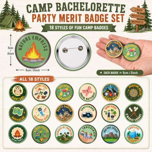 18 Pcs Camping Themed Bachelorette Party Pins - Bridal Shower Favors