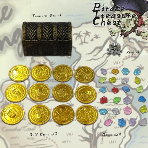 Kids Pirate Treasure Chest Toy Set with Gold Coins, Gems, and Ring