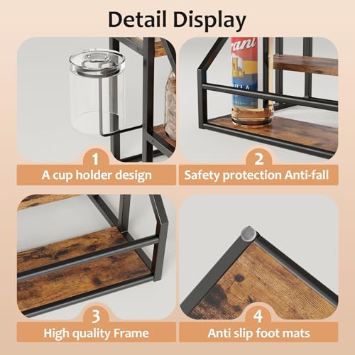 3-Tier Coffee Syrup Organizer Rack with Cup Holder, Rustic Countertop Shelf