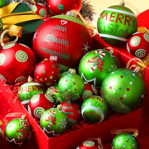 Lanpn 6 Pack 4-Inch Large Outdoor Christmas Ornaments - Red & Green Glitter Ball Decorations for Lawn & Holiday Parties (Style A, 6 pcs)