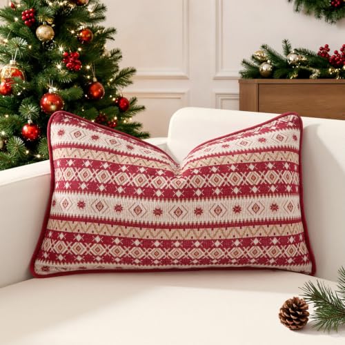 Kevin Textile Christmas Lumbar Pillow Cover 20x12in Red with Velvet Piping, Snowflake Design
