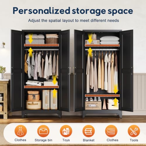 71-Inch Metal Wardrobe Closet with Hanging Rod and Adjustable Shelves