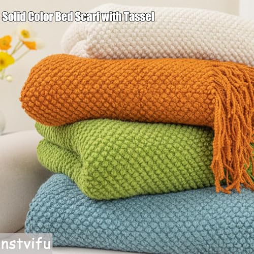 Boho Knit Bed Runner Scarf with Tassels - Soft Bed Throw Blanket