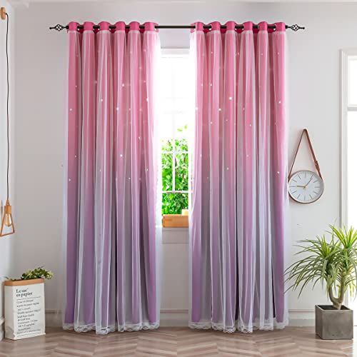 Girls Star Blackout Curtains with Tulle Overlay, 63-inch Pink Purple