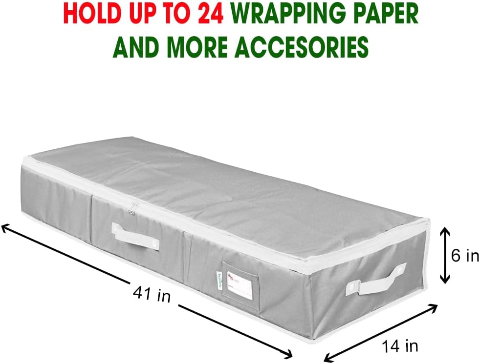 Primode Wrapping Paper Storage Container - Gift Wrap Organizer for 18-24 Rolls | 41”x14”x6” | Durable 600D Oxford Material | Grey