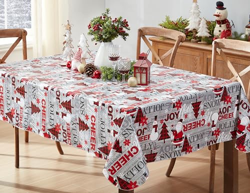 Newbridge 60 x 102 Inch Christmas Joy & Cheer Vinyl Tablecloth - Red Plaid Holiday Decor