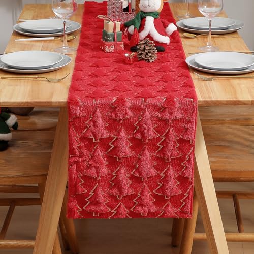 ELOEGO 13x108 Inch Christmas Table Runner - Red Xmas Trees Plush Decor for Indoor/Outdoor Holiday Dining