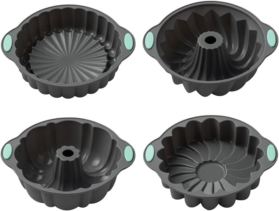 Skiennix Silicone Fluted Baking Pans - Non-Stick 4 Pack for Cakes, Bread & Jello | Round Molds