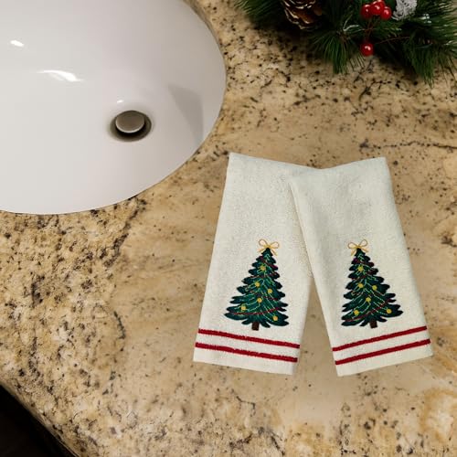 Christmas Tree Embroidered Fingertip Towels - Set of 2 Cotton Hand Towels