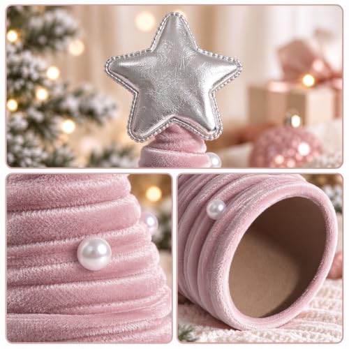 Pink Velvet Cone Christmas Tree Set with Pearls, 3-Piece Tabletop Decor