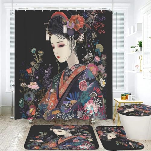 Japanese Geisha 4-Piece Bathroom Decor Set with Shower Curtain & Rugs