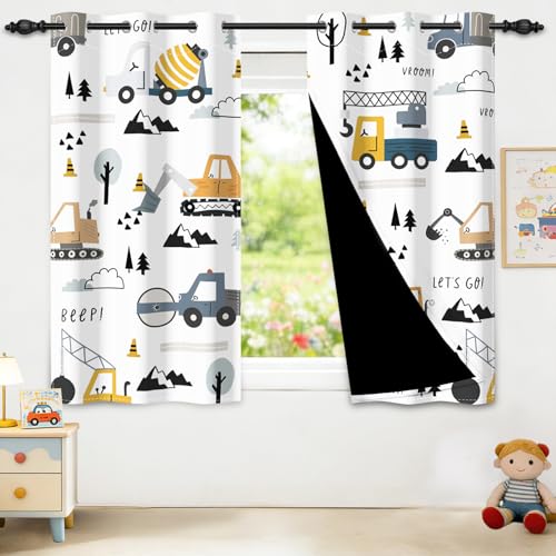 Construction Truck Blackout Curtains for Kids Bedroom, 63-Inch Set
