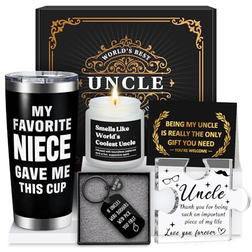 Pradnel Uncle Gift from Niece Nephew - Funny Uncle Gift Set for Men - Gift Box for Birthday, Christmas, Father's Day - Includes Tumbler & Candle - THIS listing