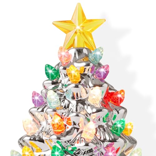 Casafield 6-Inch Silver Ceramic Christmas Tree Night Light with 28 Bulbs & Star Topper