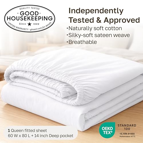 100% Cotton Sateen Queen Fitted Sheet - 14" Deep Pocket, Bright White