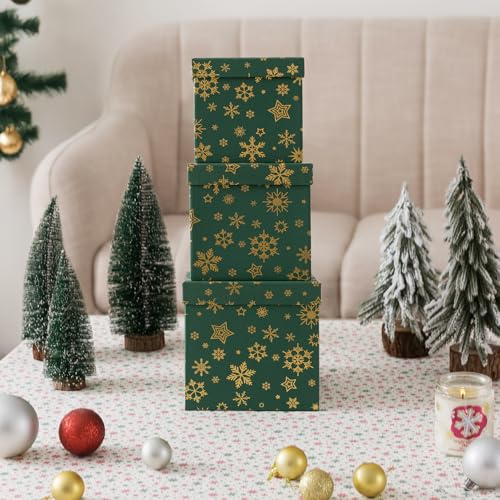 Soul & Lane Christmas Nesting Gift Boxes with Lids - Emerald Snowfall Set of 3, Green Holiday Decor