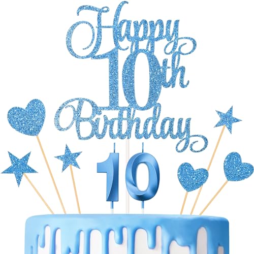 10th Birthday Cake Decoration Set with Number 10 Candle and Glitter Toppers