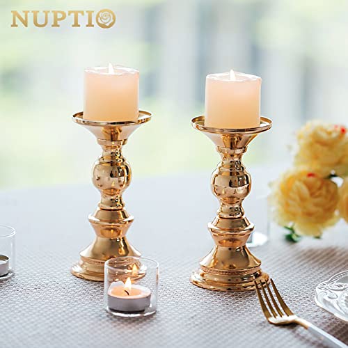 NUPTIO 10Pcs Gold Pillar Candle Holders Set, 6in Centerpiece Stands for 2in Candles