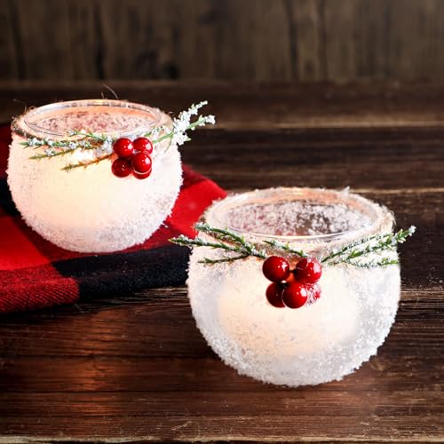 6-Piece Christmas Votive Candle Holders with Snowy Pine Leaves & Red Berries