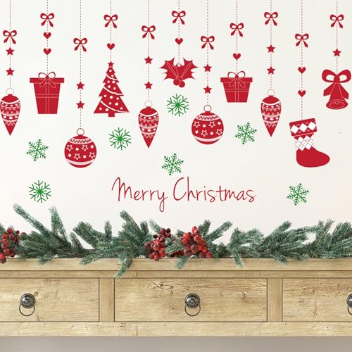 BYOCEW Merry Christmas Pine Tree Snowflake Wall Decals - Red