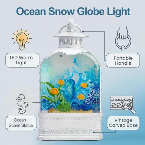 Ocean Themed Musical Snow Globe Lantern with Swirling Glitter and Seahorse