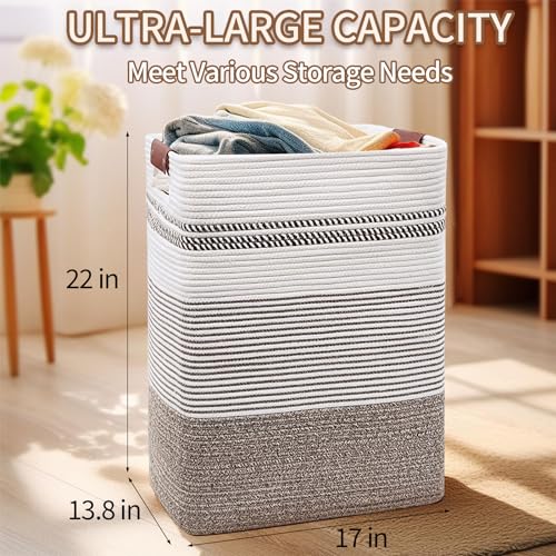 85L Cotton Rope Laundry Basket with Leather Handles - Foldable Storage Bin