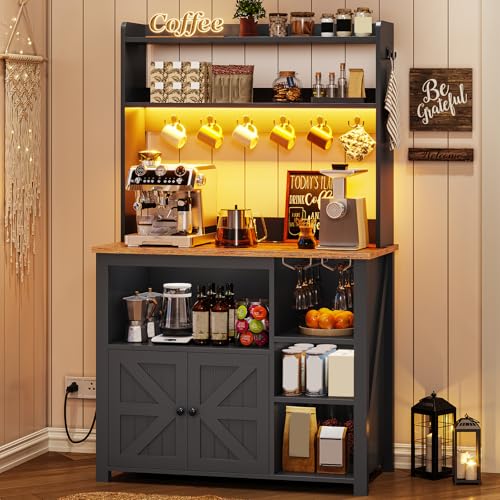 35.4-Inch Farmhouse Coffee Bar Cabinet with Power Outlet and LED Lights
