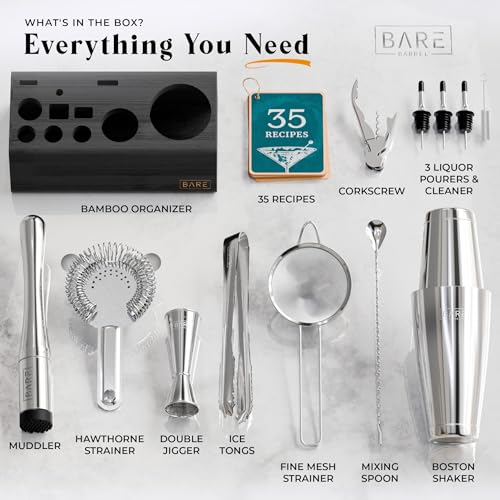 Bare Barrel 28oz Boston Shaker Cocktail Set with Recipe Cards | Silver/Black Bartending Kit