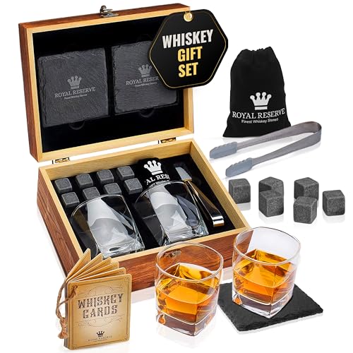 Royal Reserve Whiskey Glass Set with Classic Glasses and Chilling Rocks - Gift for Men & Dad