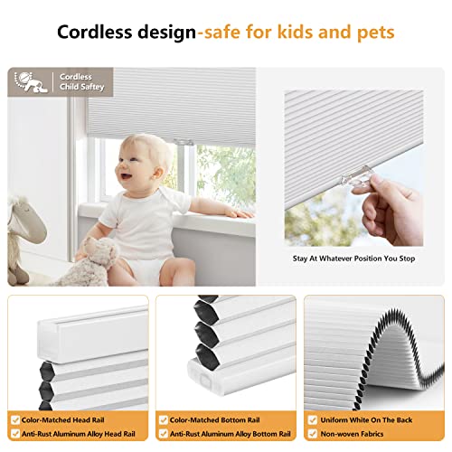 Cordless Cellular Shades 32" W x 64" H - White Blackout with Thermal Insulation & Noise Reduction
