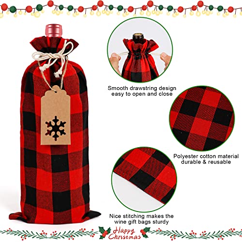 SULOLI 12-Piece Christmas Burlap Wine Bags with Drawstring, 24 Gift Tags & 16.4 ft Rope—Buffalo Plaid