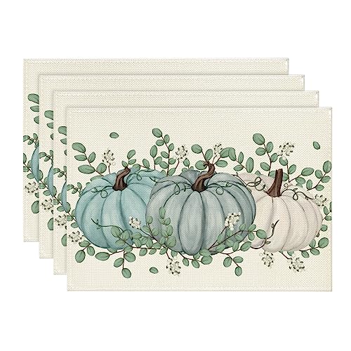Artoid Mode 12x18 Beige/Blue Set of 4 Pumpkin Eucalyptus Placemats, 12" x 18"
