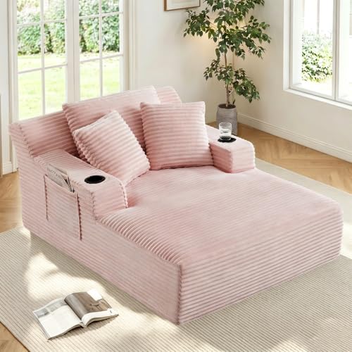66" Oversized Corduroy Chaise Lounge Chair with Cup Holders and Storage