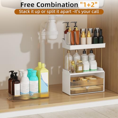 5-Tier Acrylic Makeup Organizer with 3 Drawers, Gold Frame Vanity Storage