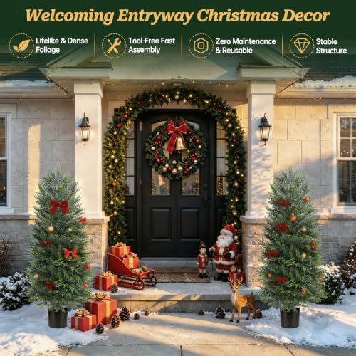 Dark Green 4FT Artificial Cypress Topiary Trees with Pots - Set of 2 Outdoor Decor