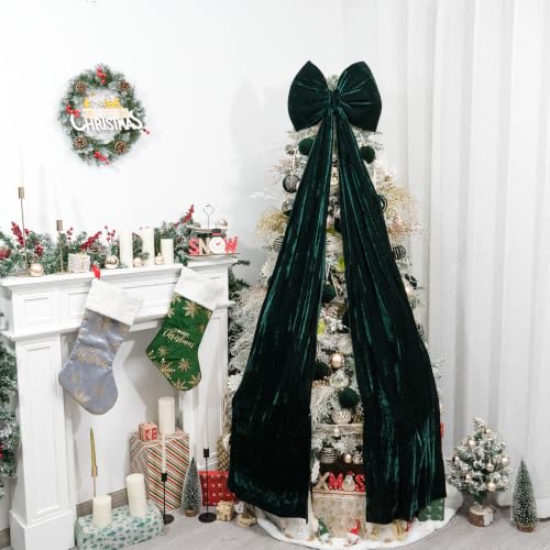 Dark Green Velvet Christmas Tree Topper Bow - Extra Large Holiday Decor Ribbon, 67x16in