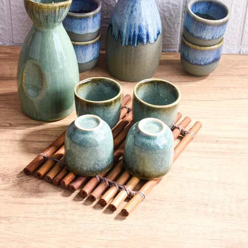 Swlthwen Green Japanese Sake Set of 5 Ceramic Pot & Cups - 300ml with 4 x 50ml Cups