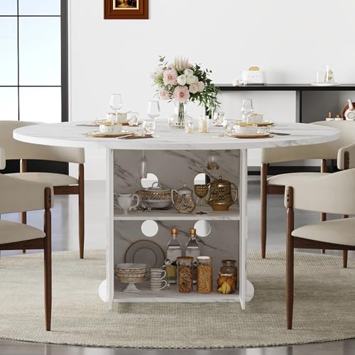 47-Inch Round Faux Marble Dining Table with Storage Cabinet and Fridge Space