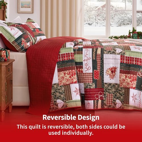 PPOLCA Christmas Queen Quilt Bedding Set - Reversible Patchwork Bedspread, All Season, Forest Green, Queen Size