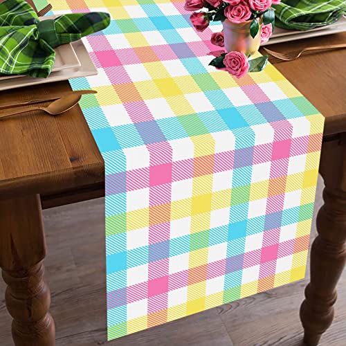 Buffalo Plaid Table Runner 13 x 72 in Linen Look, FJPT Easter Blue Pink Yellow