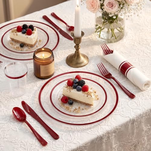 Cheerserve Red Plastic Dinnerware Set 175pcs for 25 Guests - Clear & Elegant
