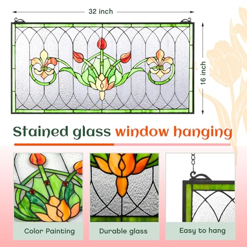 32"x16" Handcrafted Stained Glass Transom Window Panel - Floral Design