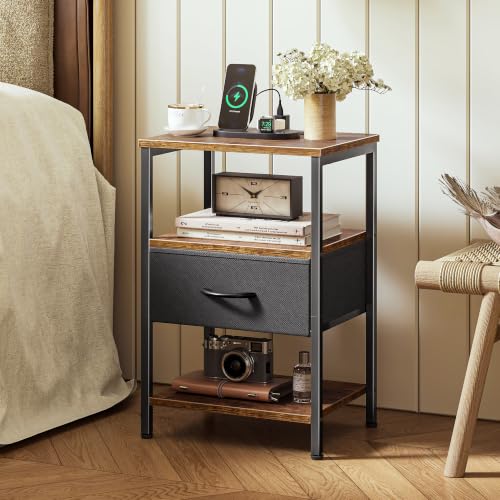 3-Tier Nightstand with Charging Station & Adjustable Fabric Drawer