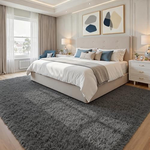 8x10 Grey Shag Area Rug, Ultra Soft Plush Carpet with Memory Foam Backing