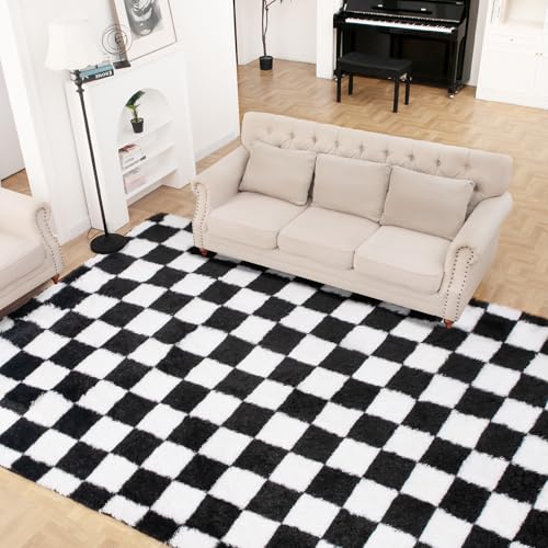 5x7 Ft Checkered Shaggy Area Rug, Soft Fluffy Non-Slip Carpet for Bedroom
