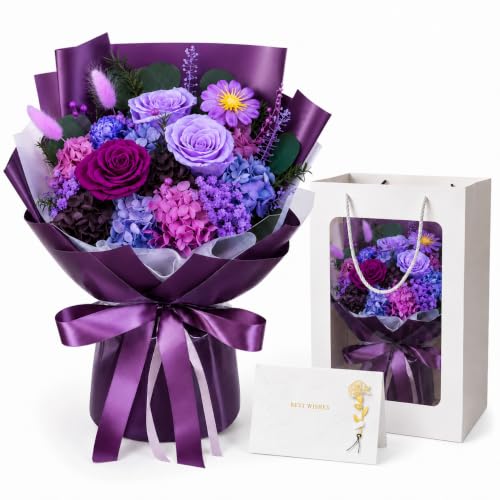 Preserved Purple Rose Bouquet in Vase, Eternal Real Flowers Gift for Her