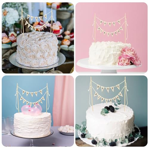 Happy Birthday Cake Topper Bunting Banner with Wooden Poles, Beige