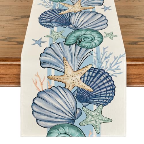 Coastal Sea Shell and Starfish Table Runner, 13x72 Inch Ocean Dining Decor