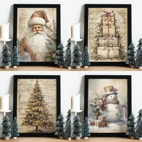 JXREQ 12x16 Vintage Christmas Wall Art Prints, Set of 4 – Santa, Trees & Snowman, Unframed